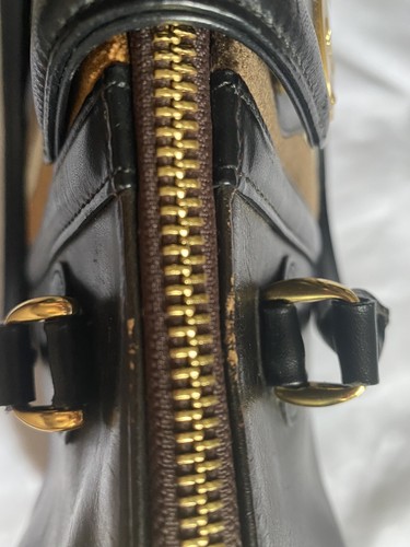 ROBERTA DI CAMERINO Black Leather and brown tricolor velvet stripe satchel 1960s - Picture 18 of 21