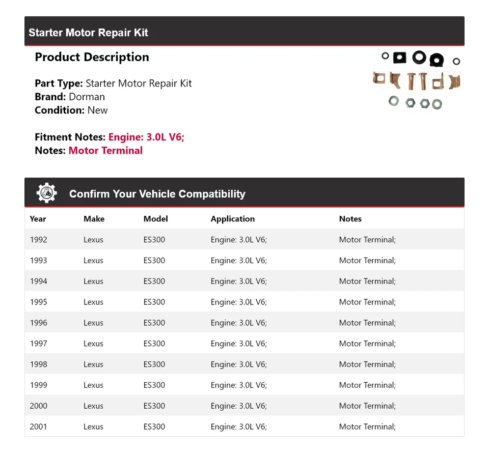 Kit de reparación de motor de arranque Dorman V6 3,0 L 1993 1994 1995 para Lexus ES300 1992-2001 Foto 2 de 4