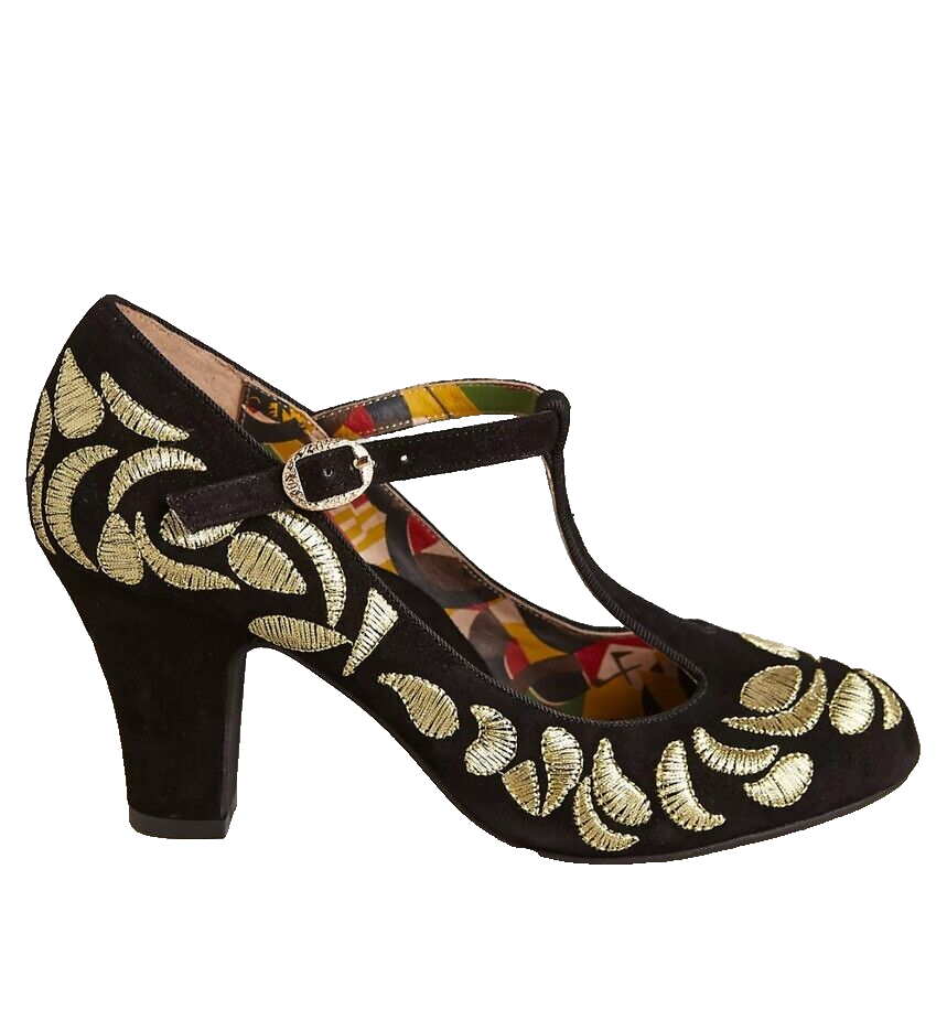 Miss L Fire Garland Stitched TStraps black & gold pumps size 38 US