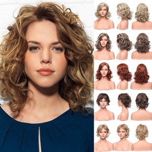 Bob Curly Wavy Full Wig Ombre Blonde Brown Brick Red Hair Wigs