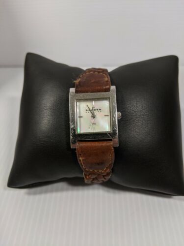 Skagen Denmark Steel Silver Tone Square Face Brown Braided Leather Band Watch