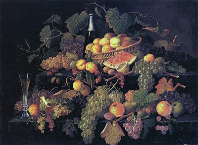 Oil painting Paul-Lacroix-Nature's-Bounty still life fruits grape peach canvas