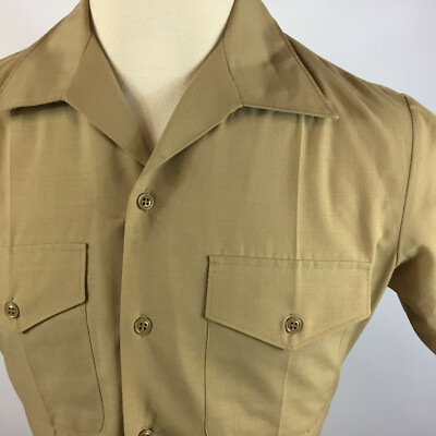 Vintage 50s 40s Mens Military Army Khaki Chino Button Collar Shirt