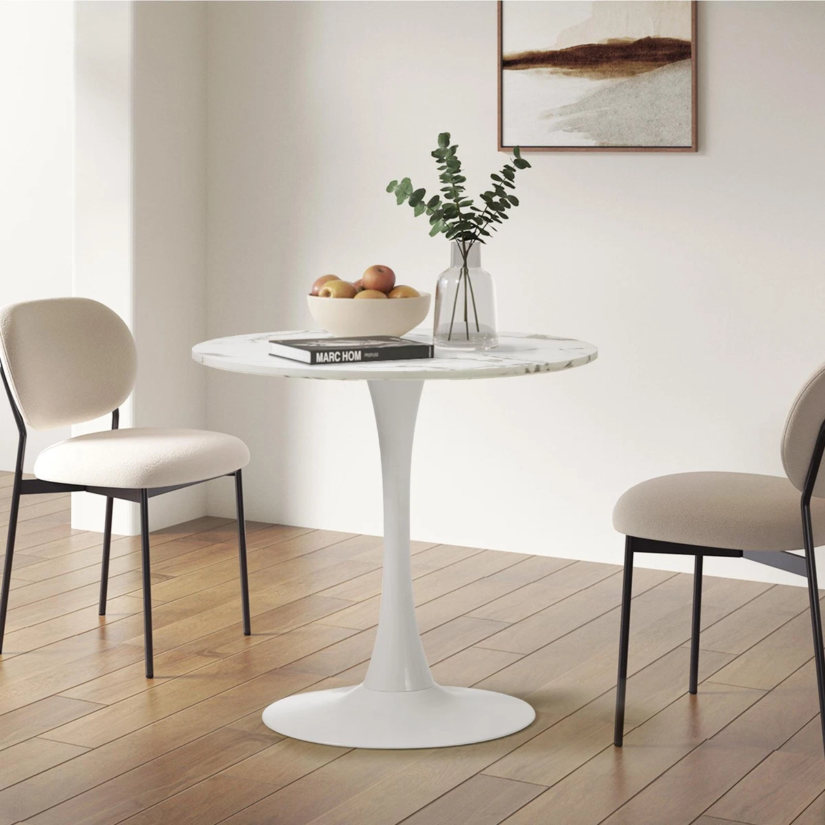 Oikiture 60cm Dining Table Kitchen Marble Tulip Round Metal Leg