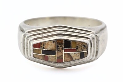 Stunning GL Miller Studio Inlaid Coral Agate Sterling Silver Ring Sz 9.5