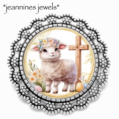Easter Lamb Cross Crucifix BROOCH  Silver Lapel Pin Religious Easter Gift