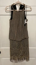NWT S.L. Fashions Womens Halter Crochet Dress Black/Gold 12 Missy Flapper Fringe