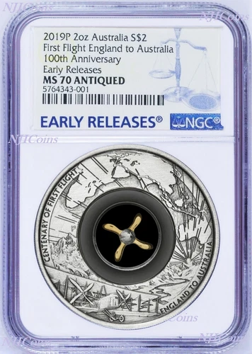 2019 First Flight England to Australia 2oz Silver Antiqued $2 Coin NGC MS70 ER