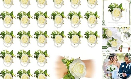 24 Pcs Wedding Rose Wrist Corsage Wristlet Band for Bridal Bridesmaid Women