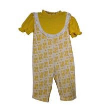 Vintage Health-tex Yellow White Cat Print Lace Trim Romper Size 24 Months 70s