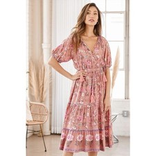 Lulus New Blooms Pink Floral Print Tiered Midi Dress Size S Cottagecore Peasant