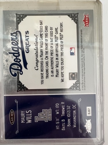2006 Fleer Greats of the Game - Dodgers Greats Maury Wills #LAD-MW - Picture 4 of 4