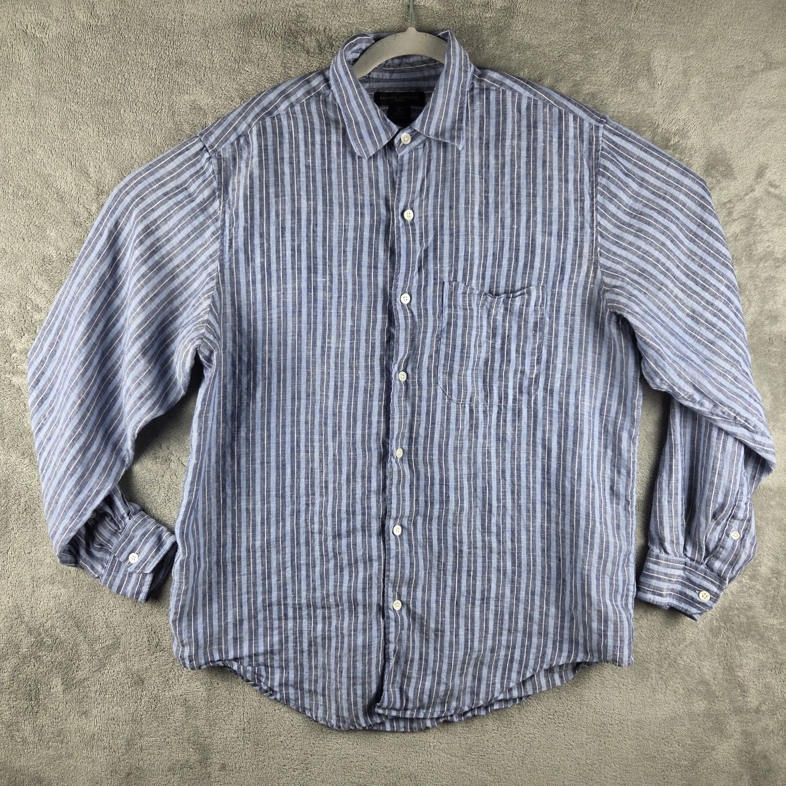 Banana Republic Mens Shirt Button Down Blue Plaid 100% Linen Size Medium
