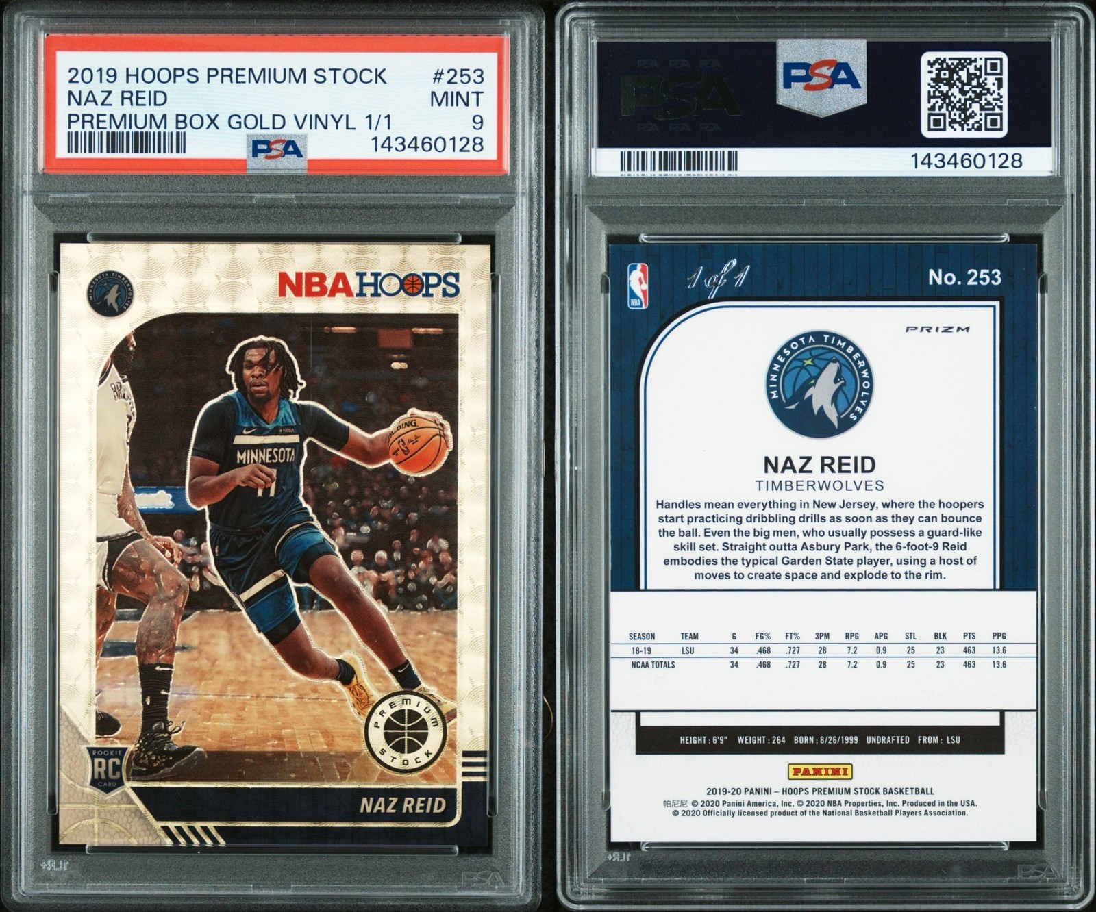 2019 Hoops Premium Stock #253 Naz Reid Rookie GOLD VINYL 1/1 PSA 9 Superfractor view 3