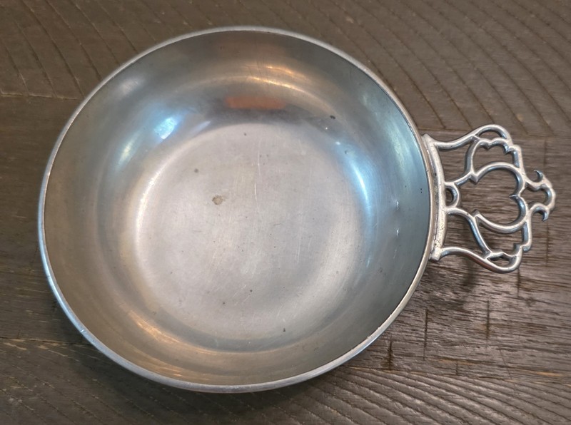 Vintage Hallmarked England Pewter Porringer Bowl Tray 1 Filigree Handle 