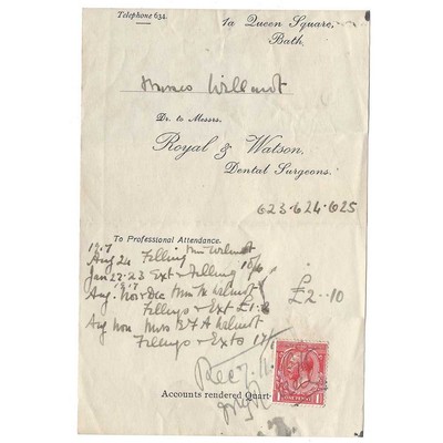 1917 Billhead Royal & Watson Dental Surgeons Queens Square BATH