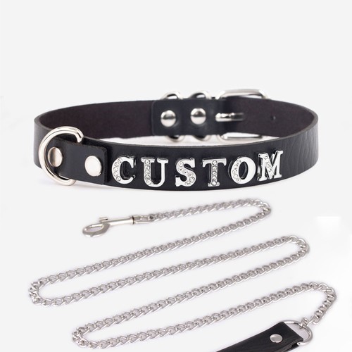 Necklace Vegan Leather Custom Chain Metal Leash BDSM Gift Choker Collar - Picture 13 of 17