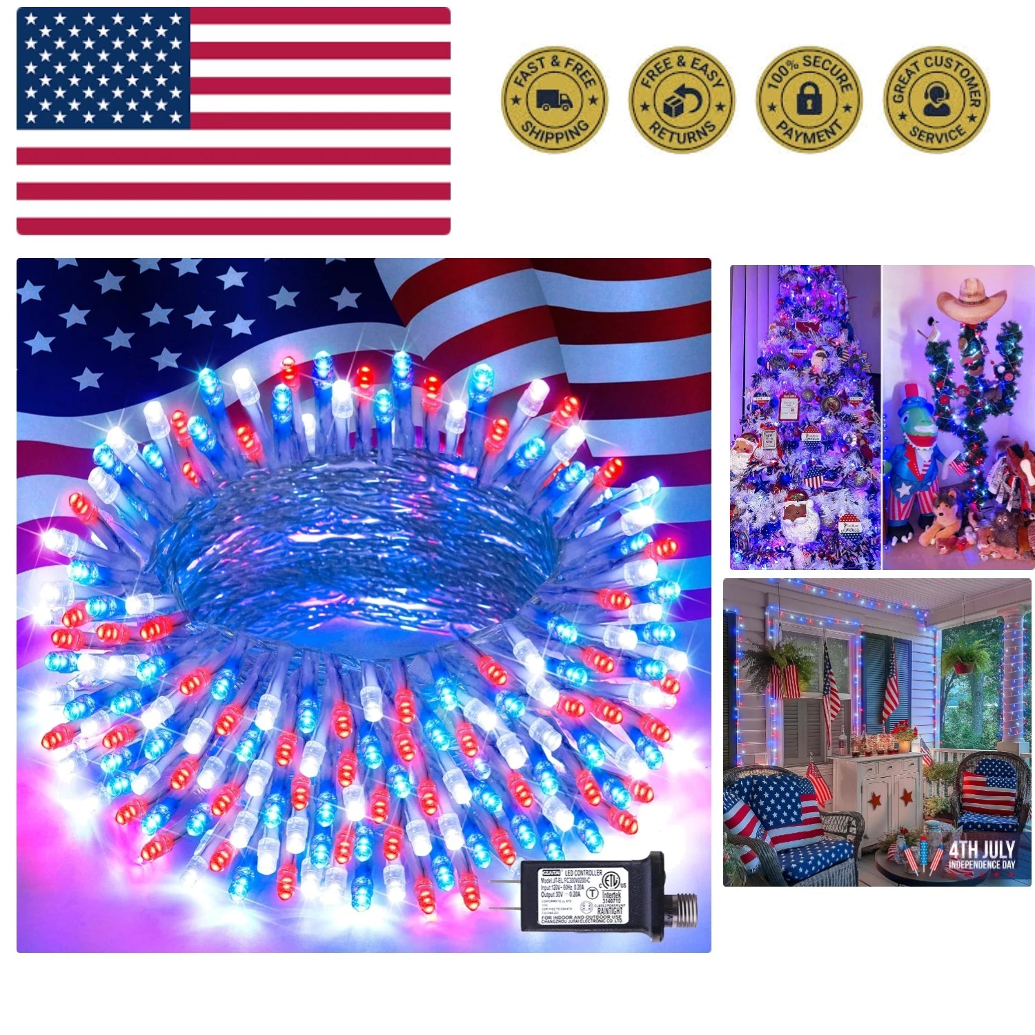 4th of July Decorations Red White and Blue Lights, 33ft 100 LED String Light ...