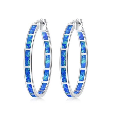 925 Sterling Silver Blue Opal Hoop Earrings, Hypoallergenic Cubic Zirconia
