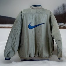 Vintage 90s Nike Big Swoosh Logo 1/2 Zip Quilted Bomber Jacket Green- Men's Med