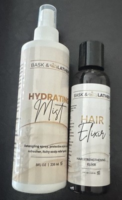 BASK & LATHER Hydrating Mist Detangler 8 oz.& Elixir Hair Strengthening Bond 4oz