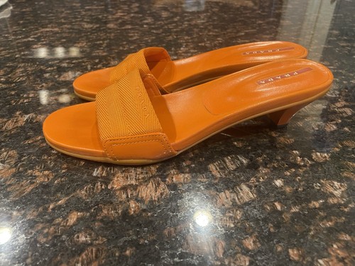 Prada Women’s Slides Kitten Heel Sandals Size 37 Orange - Picture 5 of 7