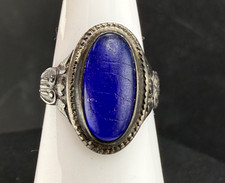 Vintage Blue Oval Glass Sterling Silver Tone Size 6 Signed By Artist Ring