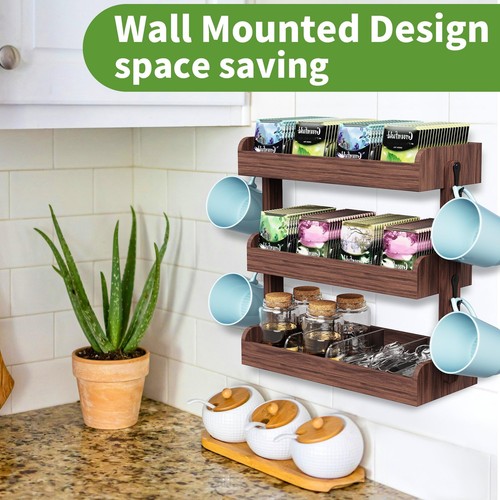 3 Tier Tea Bag Organizer - Wall-Mounted Holder with Partitions, 4 Hooks, Wood... - Bild 7 von 7