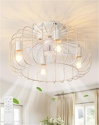18Inch White Gold Caged Ceiling Fan Light,Flush Mount Chandelier Industrial Ceil