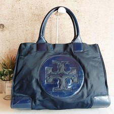 Tory Burch Ella Large Tote Bag Navy Nylon Patent Leather Vintage Large L