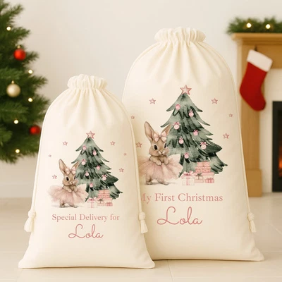 ALLABOUTTHEBUMP Personalisierter rosa Ballerina Hase Weihnachten Canvas Nikolaus Sack