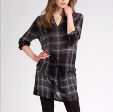 Burberry Brit Black Plaid Check Wool Drawstring Button Shirt Dress Size 14
