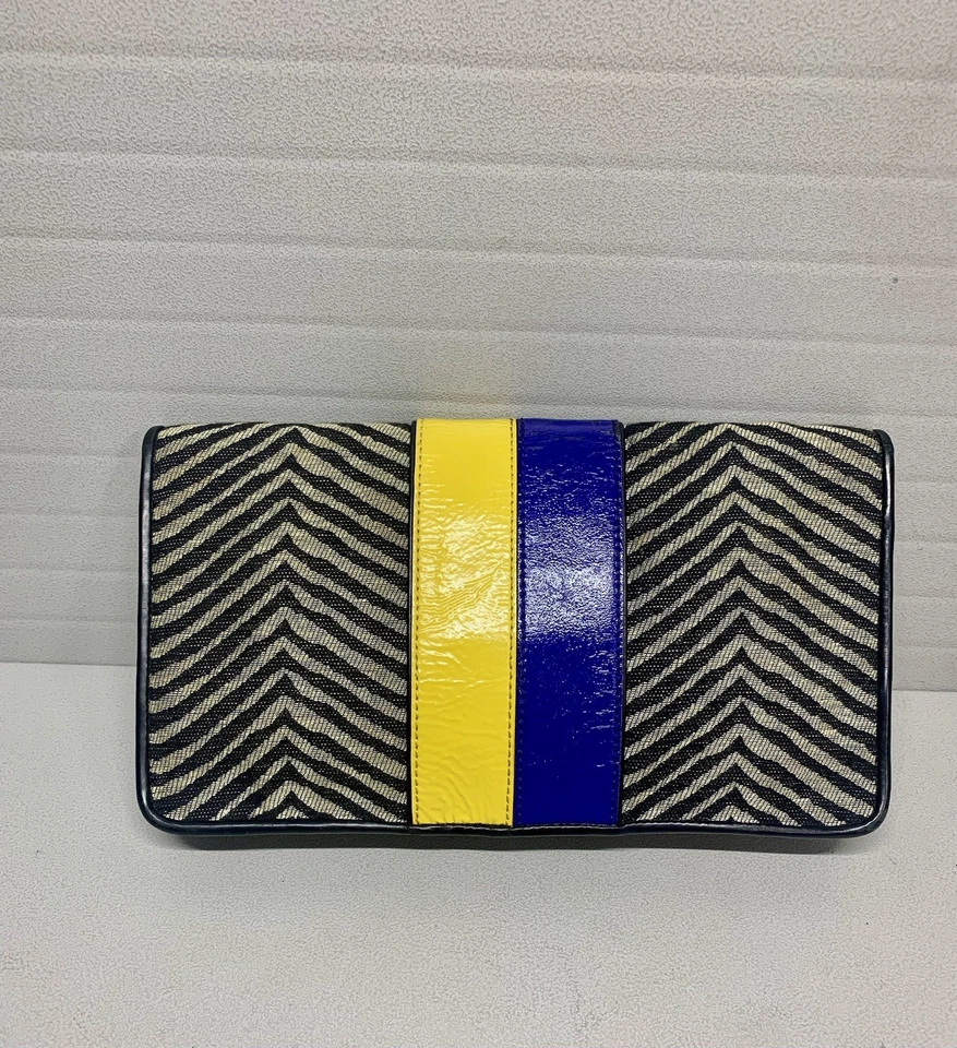 Bolso de Mano Grande LAMB Cebra con Rayas de Cuero Azul/Amarillo x Gwen Stephanie Y2K~Clásico Foto 3 de 4