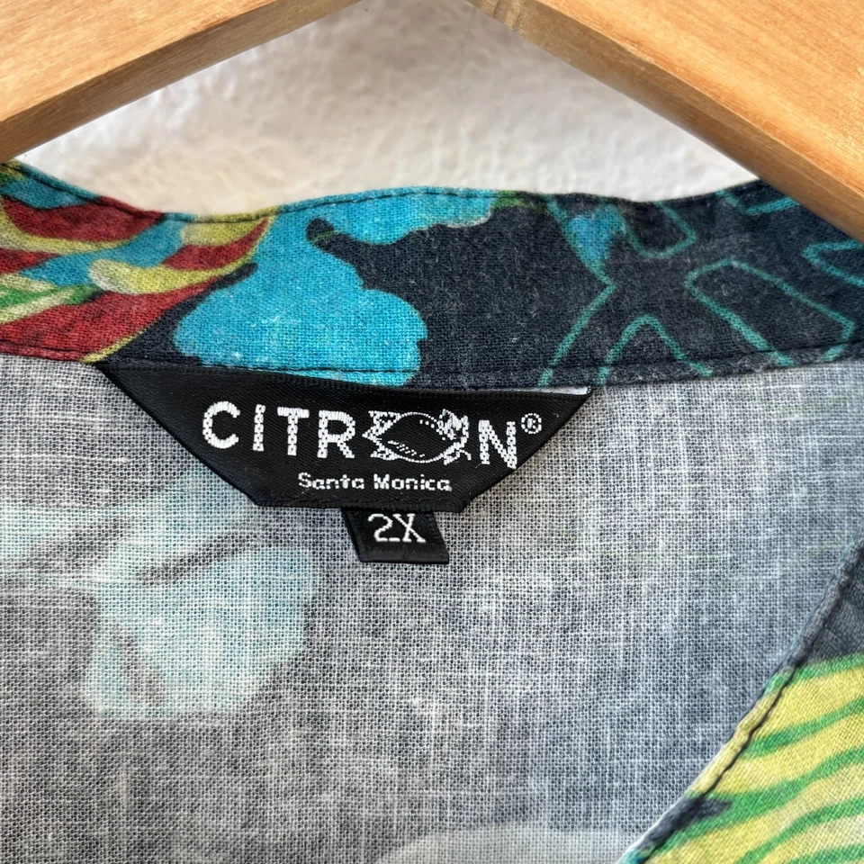 Camisa floral con botones Citron Santa Monica para mujer 2X mezcla de lino playa tropical Foto 3 de 4