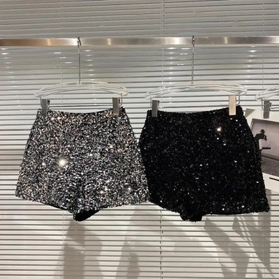 Damen Bermuda Shorts Hot Pants Kurze Hose Samt Pailletten Glänzende Clubwear