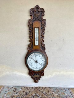 Antique 1913 English Carved Oak Barometer