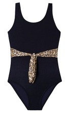 NWT Pilyq PQ Girls 2 Leo Belted Bow 1PC Black Animal Print Swimsuit 118569