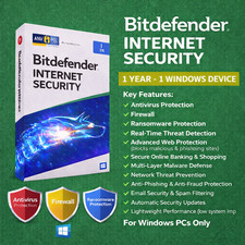 Bitdefender Internet Security - 1 Year 1 Windows Device  Daily VPN