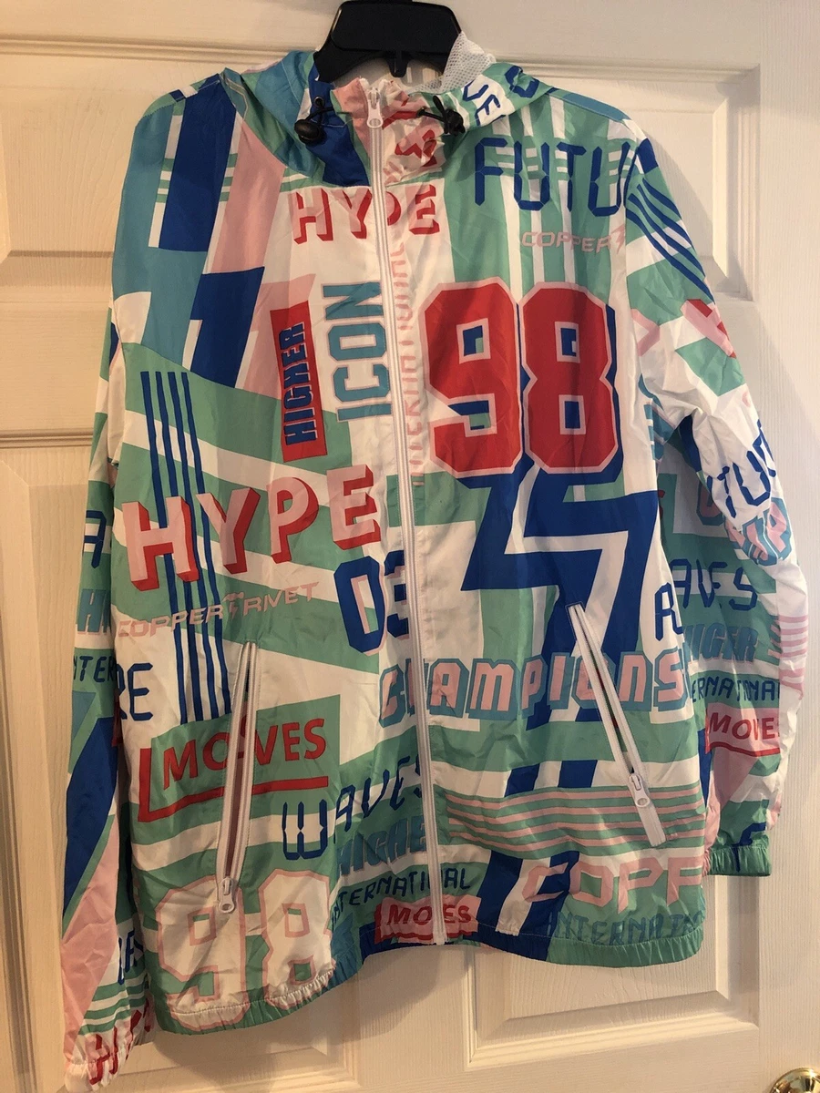 Copper Rivet Windbreaker Urban Track Zip Up Hood Jacket Aqua White