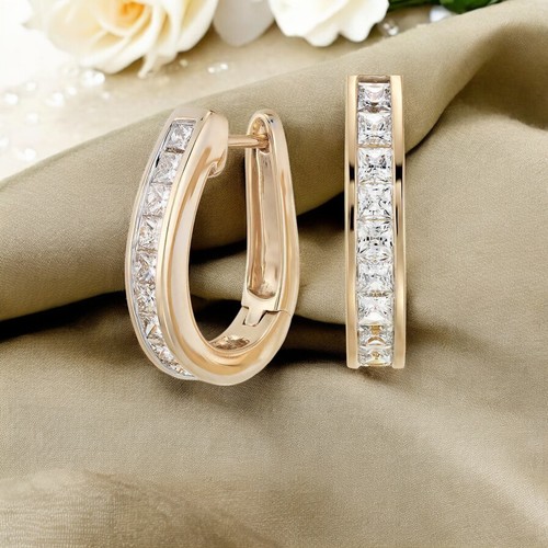 Pave 1.50 Cts Princess Shape Diamonds Unisex Hoop Earrings 18K Yellow Gold - Picture 3 of 3