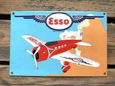 VINTAGE ESSO AVIATION PLANE FLYING PORCELAIN SIGN GAS OIL PUMP STATION