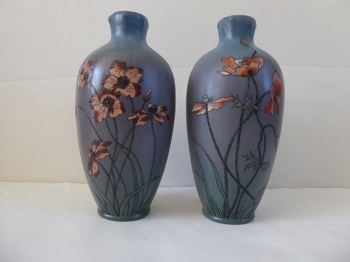 METTLACH ART NOUVEAU POTTERY VASES with BRASS / BRONZE HOLDERS - 1899 - SIGNED - Picture 3 of 11