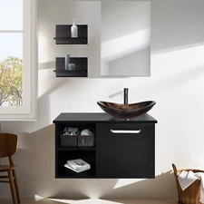 24'' Floating Vanity Sink for Bathroom Black Storage Cabinet w/ Shelves Set New