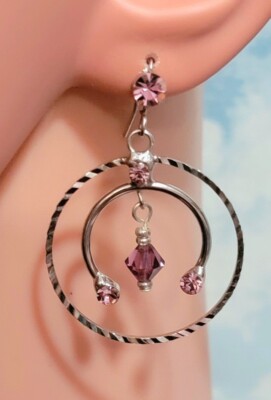 Silver Tone Hoop Pierce Earrings Horseshoe & Ring Design Purple Gem Rhinestones