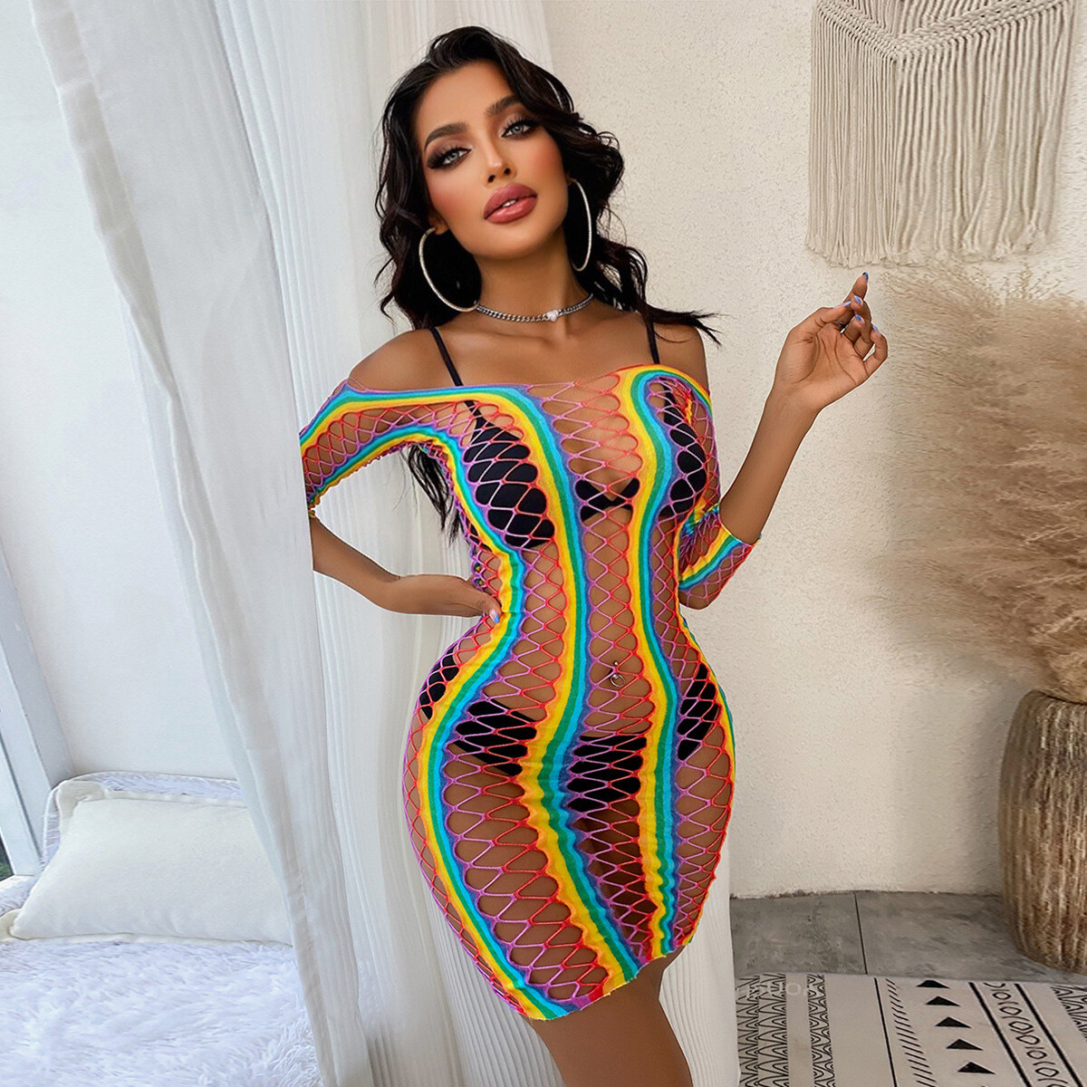 High Elasticity See-through Mesh Fishnet Sexy Rainbow Striped Lingerie  Nightwear | eBay