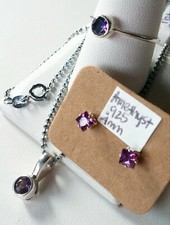  3-SET Genuine Amethyst Ring, Studs  Necklace .925 Sterling Silver
