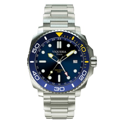 Viqueria Trecento Automatik Stahl Blau Gelb Datum Saphir GMT Herrenuhr