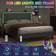 VECELO Twin/Full/Queen Upholstered Bed Frame with LED Light and Charging Station