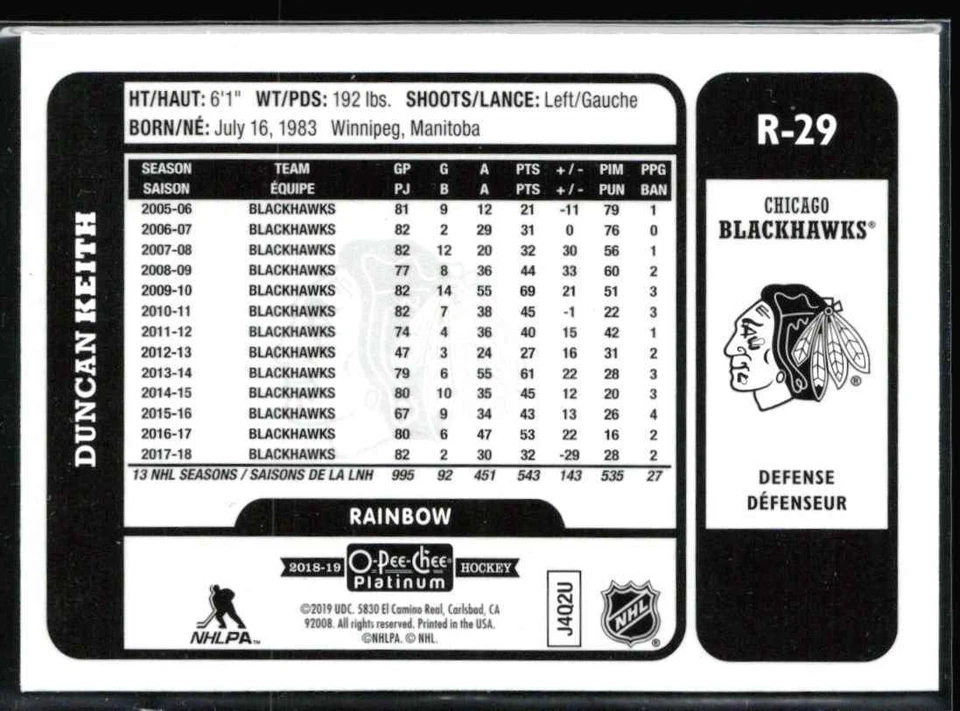 2018-19 O-Pee-Chee Platinum Retro rainbow Duncan Keith #R-29 H8R3J - Image 2 of 2