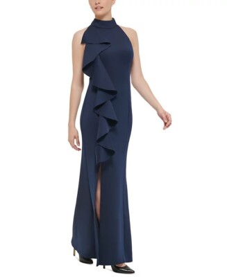 Jessica Howard Women's Ruffled Mock-Neck Gown Navy Size 14 $139